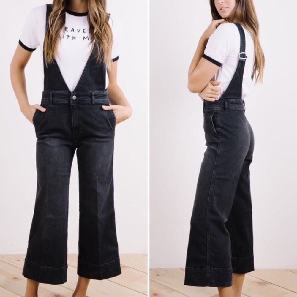 FREE PEOPLE Black Denim Wide Leg Crop Overalls